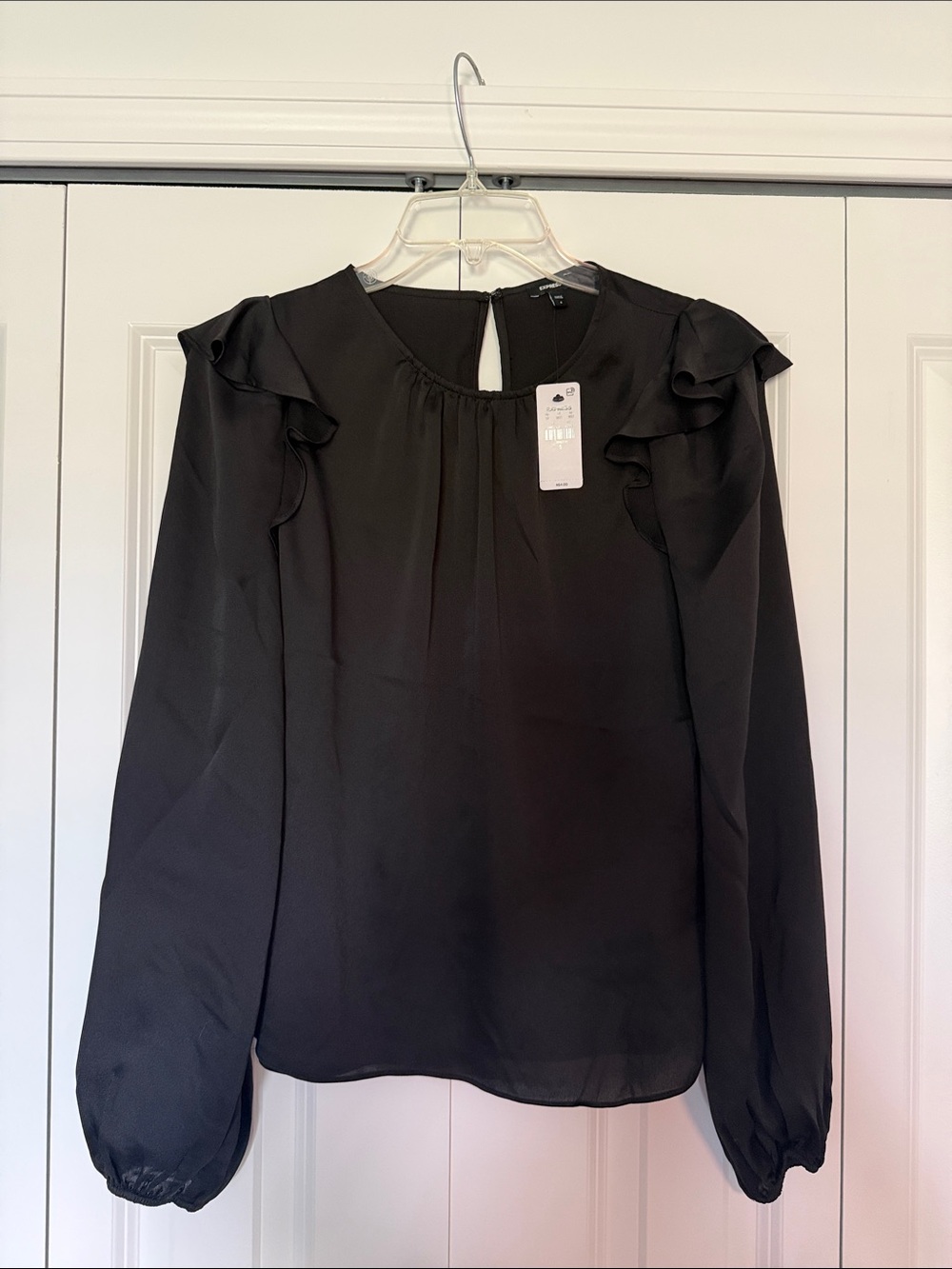 Express Black Long-Sleeve Blouse with Ruffle Shoulders